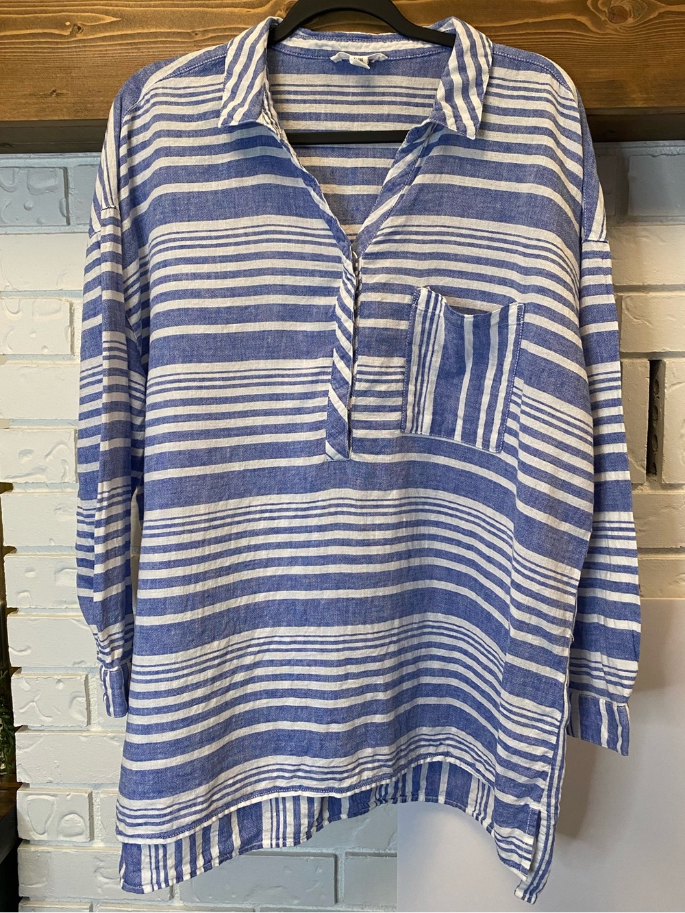 Beach Lunch Lounge Blue White Striped Linen Cotton Tunic Shirt XL Nautical